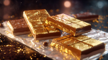 A tempting display of luxurious chocolate bars wrapped in golden foil, arranged on a shiny surface with sparkling decorations, inviting indulgence.の素材