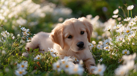 A delightful golden retriever puppy relaxes in a meadow filled with cheerful daisies, showcasing the beauty of nature and innocence in a serene setting.の素材