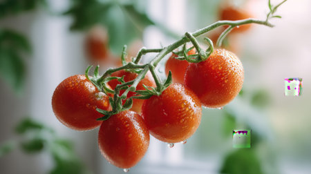 A close-up of fresh cherry tomatoes glistening with water droplets on their vine, showcasing vibrant colors and healthy freshness in natural light.の素材