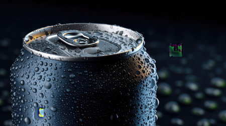 A stunning close-up of a cold aluminum beverage can adorned with glistening water droplets against a soft dark background, evoking refreshment.の素材