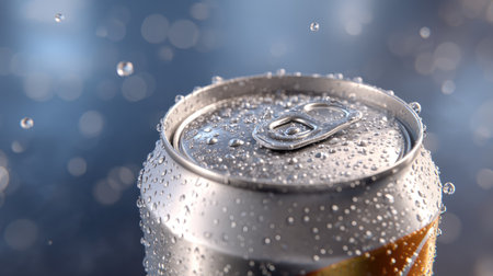 A striking close-up shot of a drink can covered with water droplets, capturing the essence of refreshment. Ideal for marketing and lifestyle themes.の素材