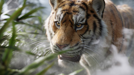 A striking close-up of a tiger navigating through a verdant jungle, showcasing its powerful presence, intense gaze, and stunning fur details.の素材