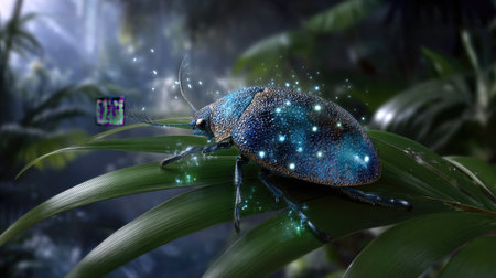 A captivating image of a blue beetle adorned with shimmering sparkles rests gracefully on a green leaf, embodying a magical, enchanting scene in a lush jungle.の素材