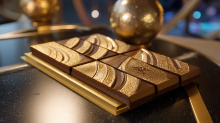 A beautifully crafted golden chocolate bar sits elegantly on a modern table, surrounded by decorative spheres, showcasing luxury and indulgence in soft lighting.の素材