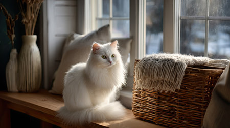 A tranquil scene featuring a serene white cat sitting on a wooden bench by a window, bathed in natural sunlight. Soft textiles and a woven basket enhance the cozy atmosphere, perfect for capturing the essence of homely comfort.の素材