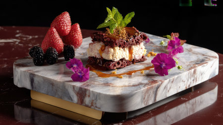 A stunning red velvet dessert artfully layered on a stylish marble plate, decorated with fresh strawberries, blackberries, and vibrant edible flowers.の素材
