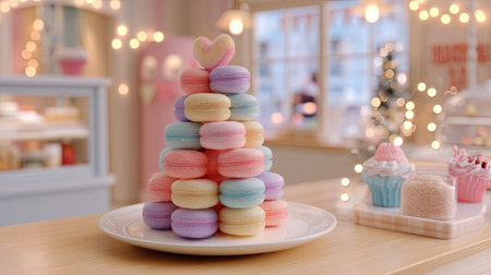 A stunning display of colorful macarons arranged beautifully in a bakery setting, evoking a joyful and festive atmosphere with soft lighting and charming decor.の素材