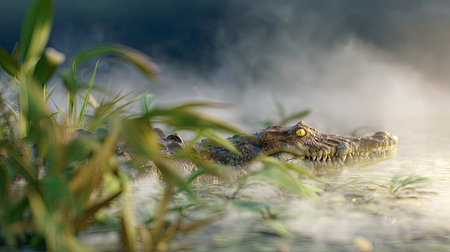 A captivating image of a crocodile partially submerged in misty water, surrounded by lush greenery, showcasing the beauty of wildlife in its natural environment.の素材