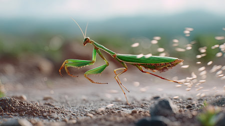 A vibrant and detailed close-up of a green praying mantis in mid-motion on the ground, capturing the essence of nature with blurred background effects.の素材