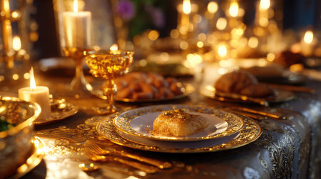 This stunning image showcases an elegantly set banquet table adorned with golden accents and warm candlelight, perfect for any special celebration.の素材