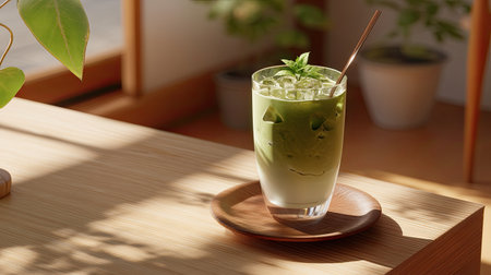 A refreshing green matcha drink with ice sits elegantly on a wooden table. Surrounded by lush plants, this scene captures a tranquil moment of relaxation and wellness.の素材