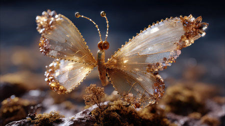This stunning macro photograph captures an exquisite butterfly with crystalline wings, showcasing delicate details and shimmering beauty amidst a natural setting.の素材