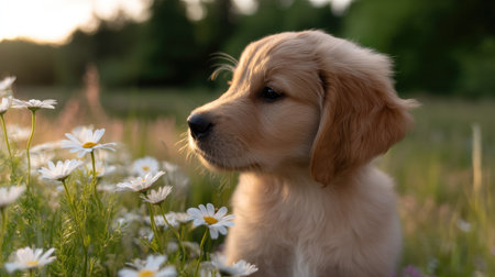 A charming golden retriever puppy sits gracefully among blooming daisies in a peaceful meadow as the sun sets, creating a warm ambiance.の素材