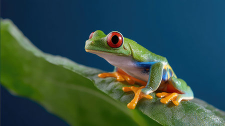 A stunning close-up of a colorful red-eyed tree frog perched on a green leaf, showcasing vibrant colors and fine details in its natural habitat.の素材