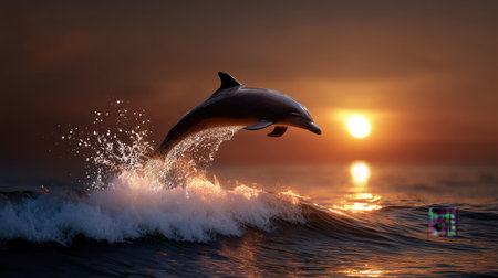 A dolphin leaps gracefully from ocean waves at sunset, creating a stunning silhouette against the vibrant sky, embodying beauty and freedom in nature.の素材