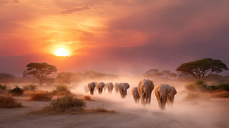 A stunning scene of a herd of elephants walking through a dusty path at sunset, showcasing their majesty against a colorful sky. The tranquil landscape highlights the beauty of wildlife in its natural habitat.の素材