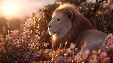 A majestic lion sits gracefully among vibrant wildflowers during a breathtaking sunset, capturing the essence of serenity in a natural landscape.の素材
