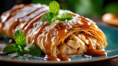 Experience the rich flavors of this warm apple strudel drizzled with caramel sauce and adorned with fresh mint leaves for an enticing presentation.の素材