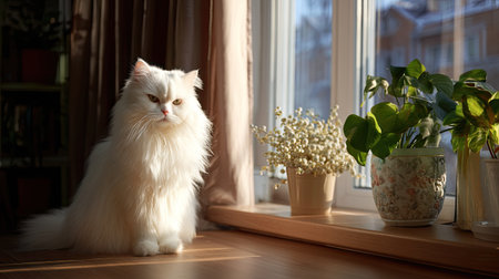 An elegant white cat sits calmly by the window, surrounded by vibrant greenery and delicate flowers, basking in the warm sunlight that fills the room.の素材