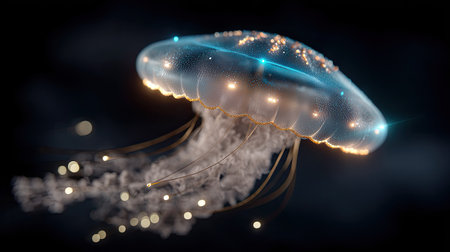 A stunning depiction of a jellyfish gracefully moving through dark ocean waters, showcasing its bioluminescent features and delicate tentacles.の素材