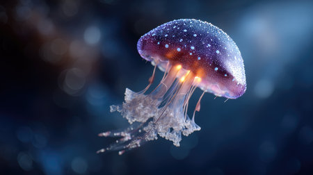 Explore the enchanting beauty of a vibrant jellyfish drifting effortlessly through the serene depths of the ocean, illuminated by soft light.の素材
