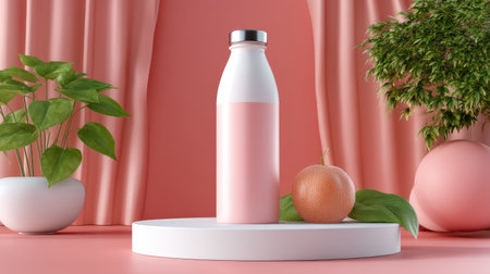A stylish bottle of milk paired with an orange fruit sits on a minimalistic pedestal. The soft pink backdrop and greenery create a fresh aesthetic, perfect for kitchen decor.の素材