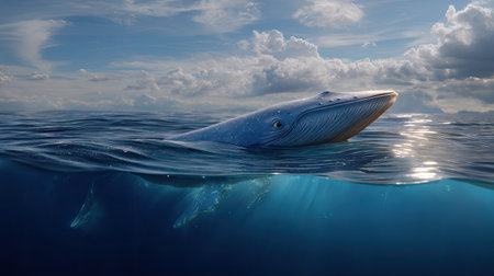 A stunning image showcasing a blue whale surfacing in the deep ocean. The scene captures the majestic creature against a backdrop of fluffy clouds and bright sky, embodying the beauty and tranquility of marine wildlife.の素材