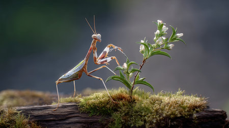 A mesmerizing close-up captures a praying mantis interacting with delicate flowers on a moss-covered log, showcasing the beauty of nature in a tranquil setting.の素材