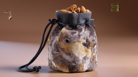 This image features a stylish fabric bag filled with almonds and dried fruits, set against a neutral background, perfect for healthy snack themes.の素材