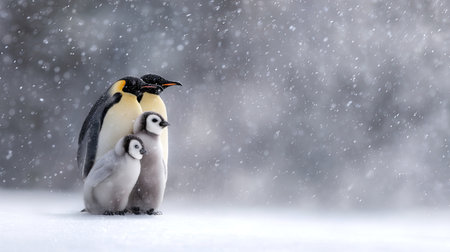 A heartwarming scene of emperor penguins standing close together with their fluffy chicks in a captivating snowfall setting, showcasing family bonds.の素材