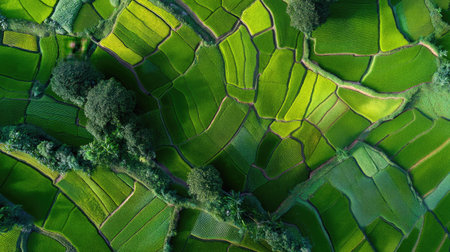 Experience the breathtaking beauty of lush rice terraces captured from above, showcasing vibrant green patterns across the landscape, symbolizing agriculture.の素材