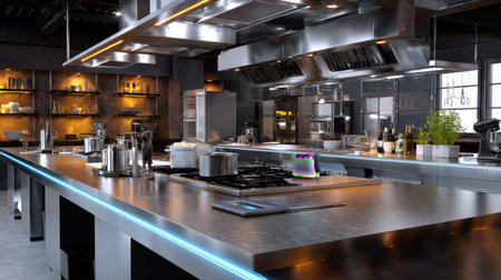 A contemporary culinary kitchen featuring stainless steel counters and advanced cooking equipment, designed for professional chefs and culinary enthusiasts.の素材