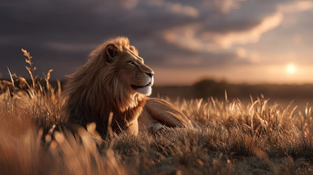 A majestic lion rests peacefully in golden grassland, basking in the warm glow of sunset. The serene scene showcases the beauty of nature and wildlife.の素材