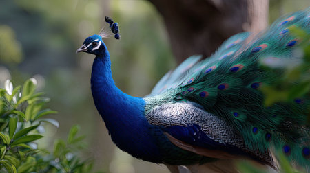 A stunning image of a peacock showcasing its vibrant feathers in a serene natural setting. The bird stands gracefully amidst lush greenery, highlighting nature's beauty.の素材