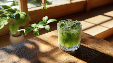 A vibrant green drink filled with ice cubes sits on a wooden table, surrounded by lush indoor plants and bathed in warm sunlight, embodying freshness and relaxation.の素材