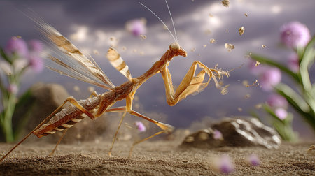 This stunning close-up showcases a praying mantis capturing its environment amidst flowers and rocks. The dramatic lighting enhances the intricate details of this fascinating insect.の素材