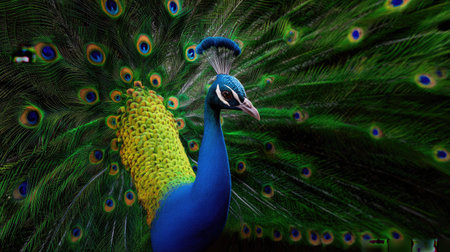 A stunning peacock showcases its vibrant colors and intricate plumage in this captivating wildlife photograph. The lush green backdrop enhances its beauty.の素材