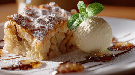 A delectable slice of homemade apple dessert featuring a scoop of ice cream and a fresh mint leaf on a white plate, perfect for any occasion.の素材