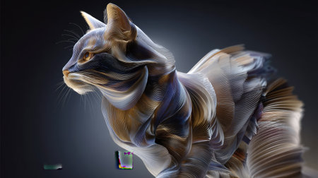 This captivating artwork features an abstract and colorful portrayal of a cat, showcasing flowing patterns and textures. It highlights dynamic movement and artistic creativity.の素材