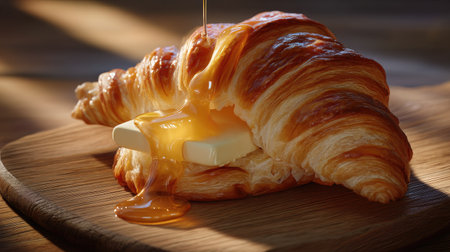 A freshly baked croissant showcases a slice of melting butter and a drizzle of honey, resting on a wooden surface, perfect for breakfast or brunch.の素材