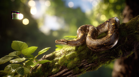 A beautifully detailed image of a coiled snake resting on a moss-covered branch, surrounded by vibrant leaves in a serene forest setting.の素材