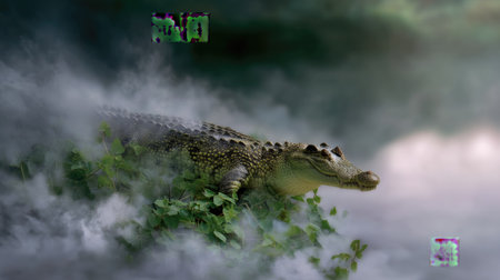 A crocodile rests amidst mist and lush greenery, creating a serene yet eerie atmosphere that highlights the beauty of wildlife in its natural habitat.の素材