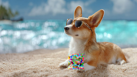 A cheerful corgi wearing stylish sunglasses relaxes on the sandy beach, basking in the sun by the vibrant ocean waves with a colorful towel.の素材