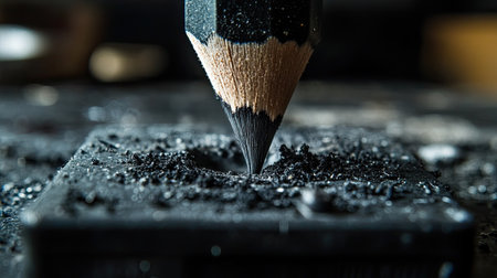 This detailed close-up shows a sharp pencil tip surrounded by dark graphite shavings on a black surface, highlighting the beauty of writing tools and creative workspaces.の素材