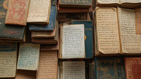 A stunning array of vintage handwritten manuscripts and old books showcasing intricate designs and text, reflecting the beauty of historical literature and cultural preservation.の素材