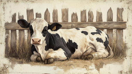 A serene black and white cow lies peacefully in a rustic farm setting, showcasing its beauty against a wooden fence, embodying the essence of rural life.の素材