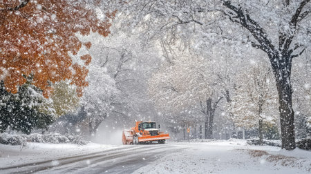 A snowplow navigates a snow-covered road in a tranquil winter landscape, amidst falling snowflakes and surrounded by picturesque trees and a peaceful community setting.の素材