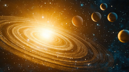 This mesmerizing cosmic scene showcases a vibrant star at the center, surrounded by a stunning planetary ring and several orbiting celestial bodies against a star-filled backdrop.の素材
