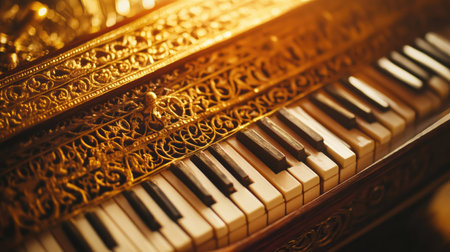 This stunning close-up captures the intricate details of a golden harpsichord keyboard, showcasing exquisite craftsmanship and rich textures, ideal for musicians and art lovers.の素材
