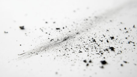 Close-up view of fine charcoal powder scattered across a white surface, showcasing the intricate textures and details that create a unique abstract visual experience.の素材